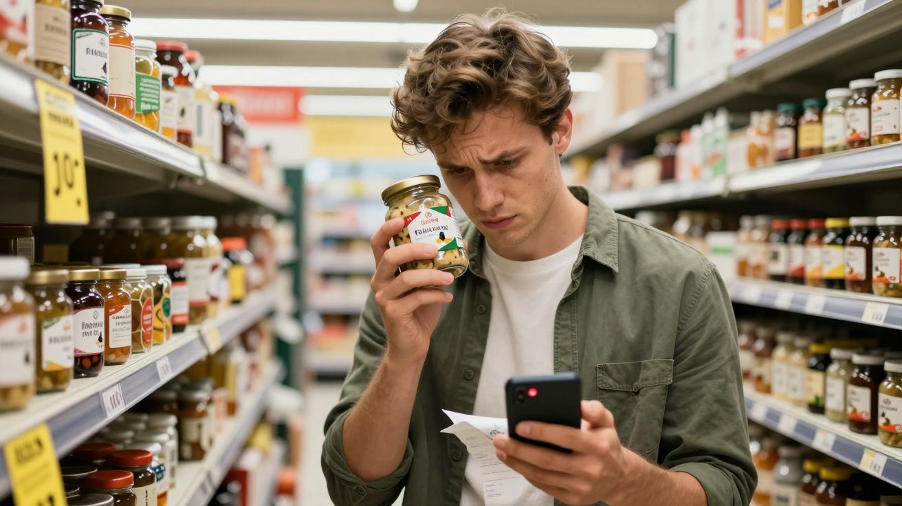 Homem em corredor de supermercado confuso, segurando pote de conservas e olhando para celular e lista de compras.