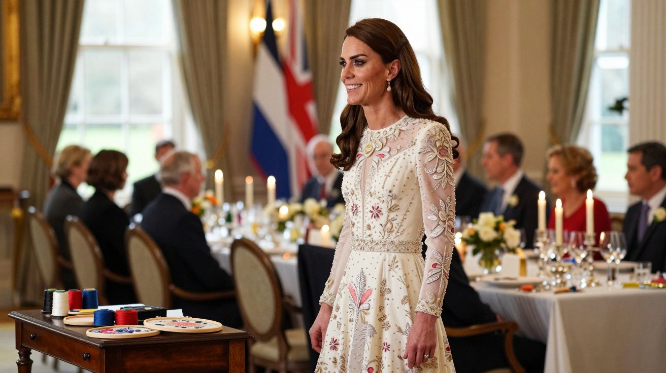Mulher elegante em vestido claro bordado, em evento formal com pessoas sentadas ao fundo.