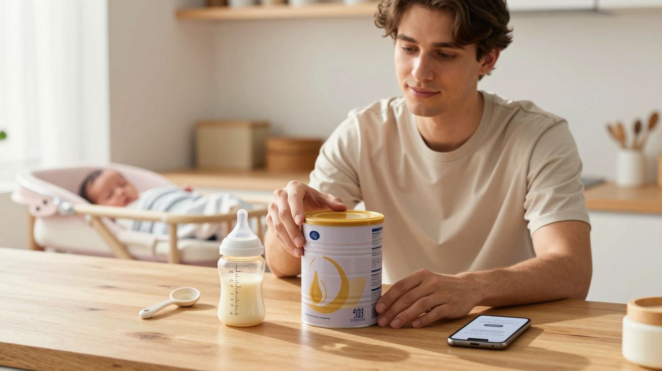 Homem ao lado de mamadeira e lata de fórmula infantil com bebê dormindo em berço ao fundo.