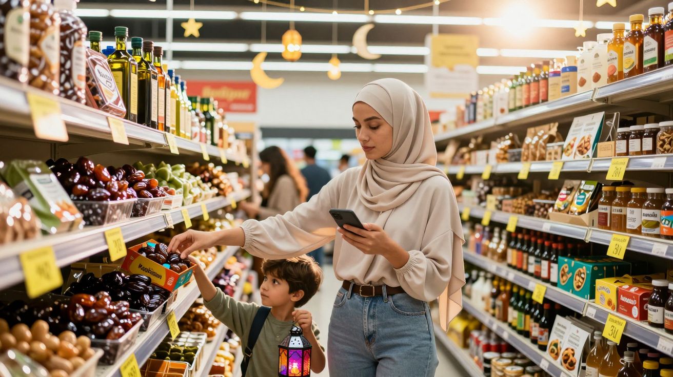 Mulher com hijab e criança fazem compras em corredor de supermercado com frutas e produtos.