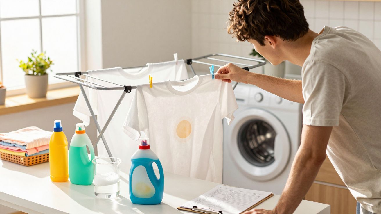 Homem prendendo camiseta manchada no varal dentro de lavanderia com máquina e produtos de limpeza.