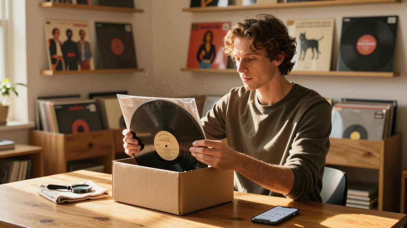 Homem em ambiente iluminado tirando disco de vinil de caixa de papelão em sala com estantes de discos.