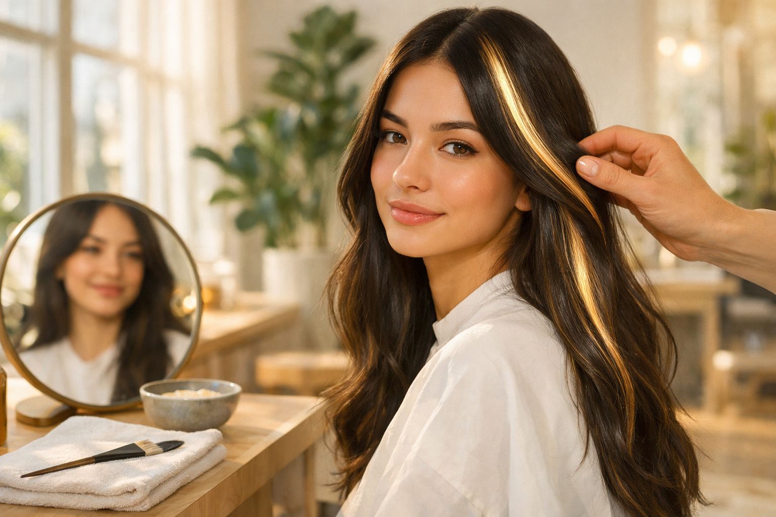 Mulher sorrindo sentada em salão de beleza com mão estilizando mecha do cabelo longo e liso.
