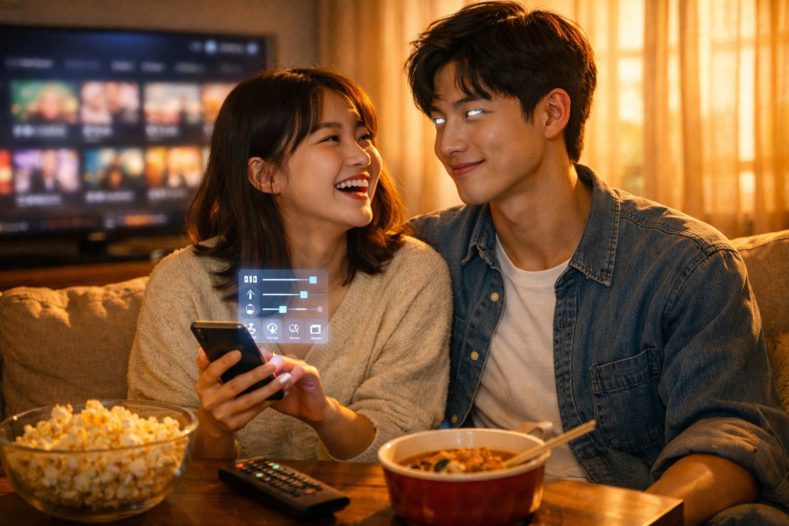 Casal jovem sorrindo no sofá com pipoca e comida, segurando controle remoto em ambiente acolhedor.