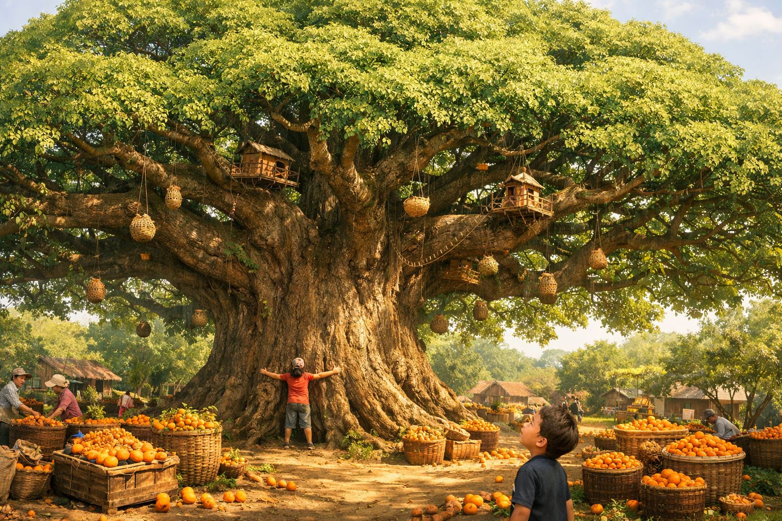 Homem abraçando árvore enorme rodeada por cestos de frutas em área rural ensolarada.